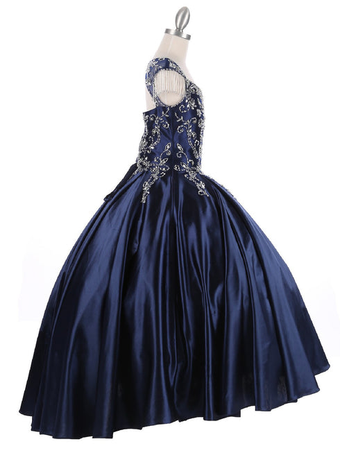 Big Girls Navy Cap Shoulder Rhinestone Beaded Fringe Ball Gown 8-16 - SophiasStyle.com